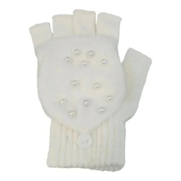 White Knit hat with Super Pom and Faux Pearl Accents Hat and Fingerles Glove set - Picture 4 of 12